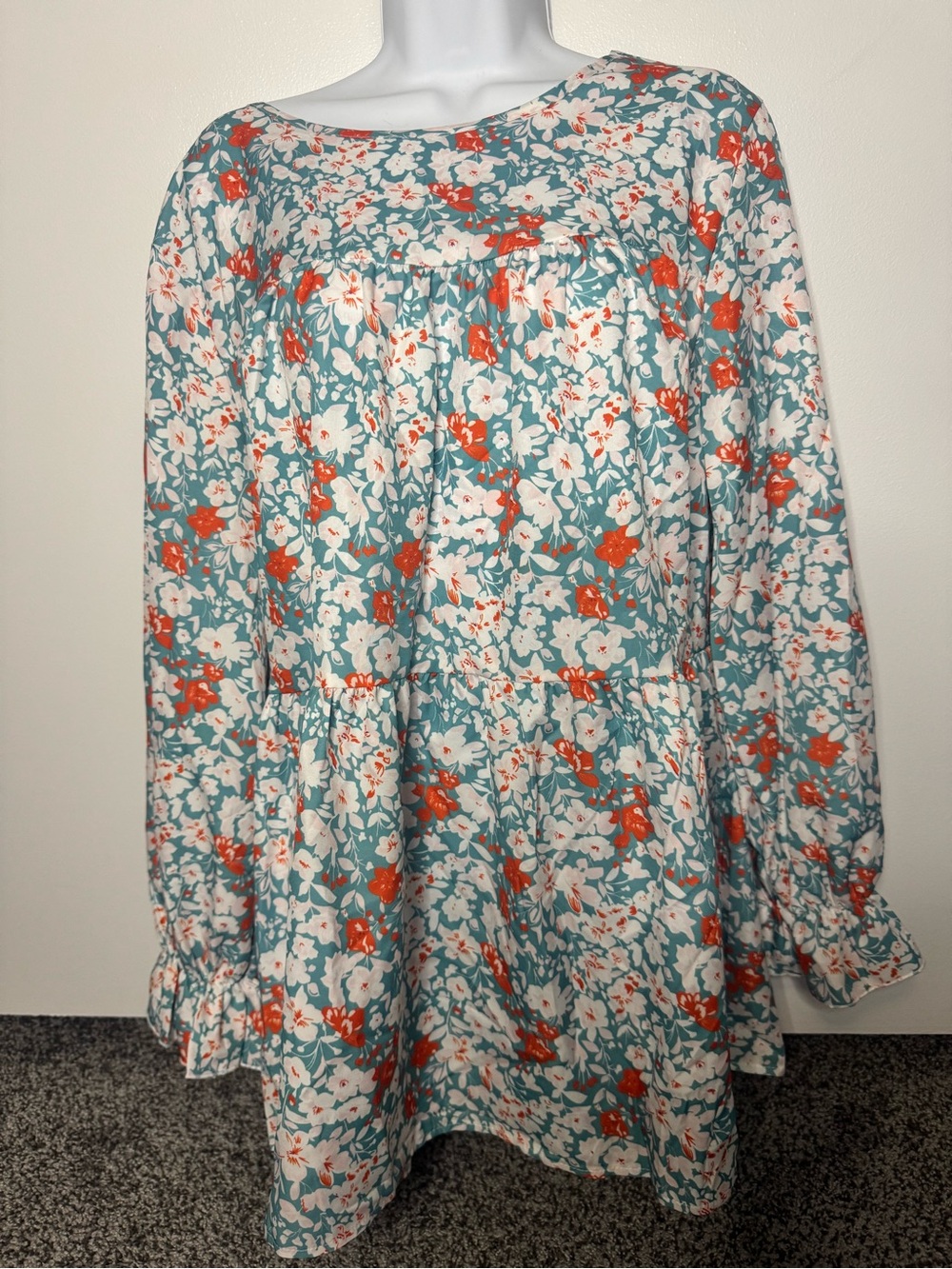 2XL Woman’s Ladies Floral Peasant Blouse in Teal and Coral Ruffled Sleeves